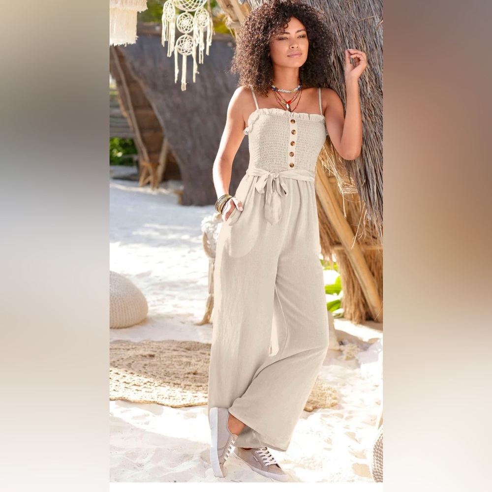 VENUS Smocked Linen Jumpsuit w. Pockets | Cream | Size 8 - Picture 6 of 9